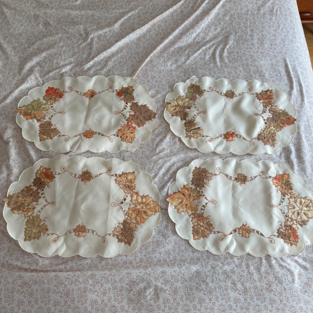 Fall Autumn Maple Leaf Table Runner and 8 Placemats Set Embroidered Cutout Cream